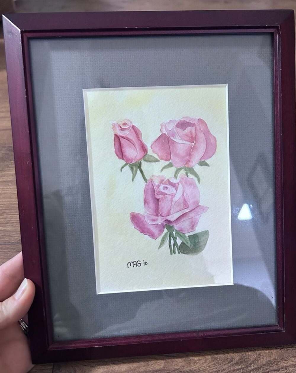 Original Watercolor Painting of Pink Roses Signed MAG '10 in Framed Gallery